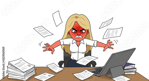 Frustrated businesswoman overwhelmed by workload throwing documents. Illustration of professional burnout and anger.