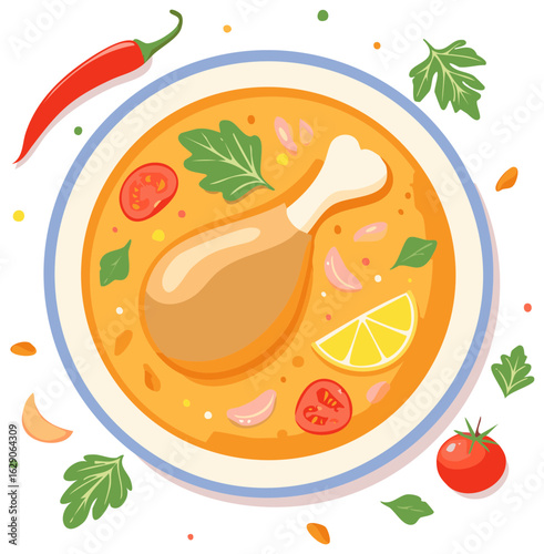 Delicious bowl of chicken soup with vegetables and pepper, top view vector food illustration.