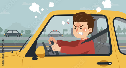 Stressed cartoon man shouting in his car while stuck in a heavy traffic jam on the highway. Concept of daily commute frustration.