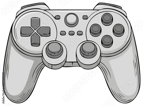 Monochrome illustration of a modern video game controller. Cartoon style gamepad with joysticks and buttons.