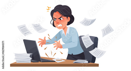 Furious office worker expressing rage and frustration with computer issues and paperwork overload at her desk.