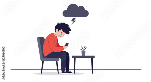 Sad young man crying while looking at his smartphone, a storm cloud symbolizing depression and despair