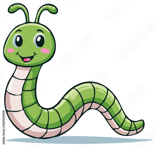 A cute and friendly green worm cartoon character with a happy smile and big eyes crawling along
