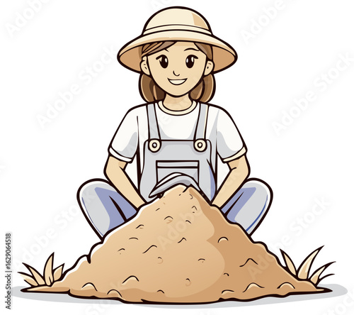 Cartoon Woman Gardener with Shovel and Pile of Soil. Vector Illustration.