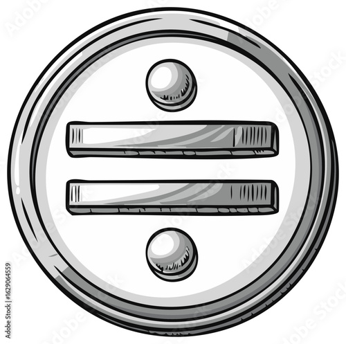 Hand-drawn illustration of a metal emblem, with equal lines and two spheres. Symbol of equality.