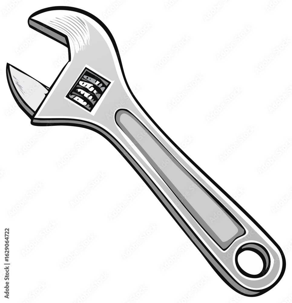 Obraz premium Vector illustration of a shiny metal adjustable wrench tool in a cartoon style