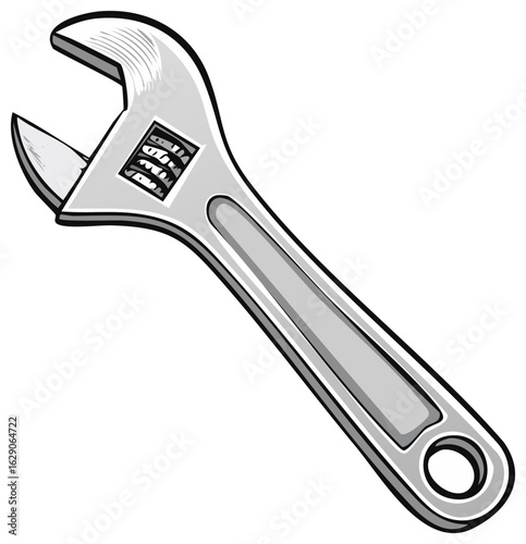 Vector illustration of a shiny metal adjustable wrench tool in a cartoon style