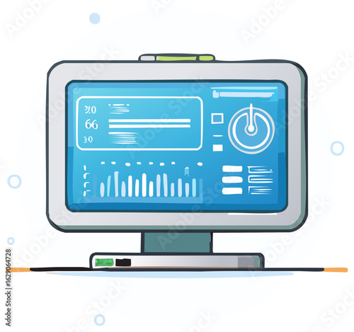 Digital medical monitor displaying vital signs, charts, and a power icon.