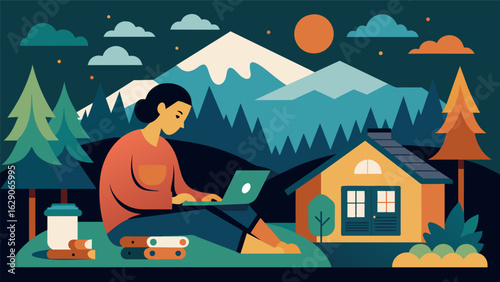 A nature lover in a remote cabin finding inspiration in the peacefulness of the woods while listening to classical records and creating intricate Vector illustration
