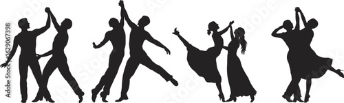 Silhouette dancers couples performing ballroom, contemporary, tango, waltz, dance poses, isolated on white, flat vector.eps