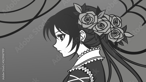 Monochrome anime girl with roses drawing illustration vector art digital art profile view gothic style art