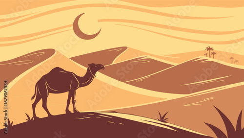 Explore desert landscape with camel silhouette under moonlight vector illustration background design