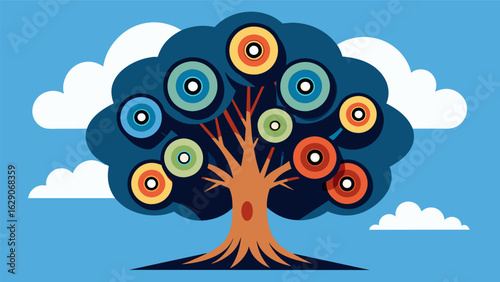 A grand redwood tree towering above with branches displaying vinyl records of jazz blues and swing music. Vector illustration