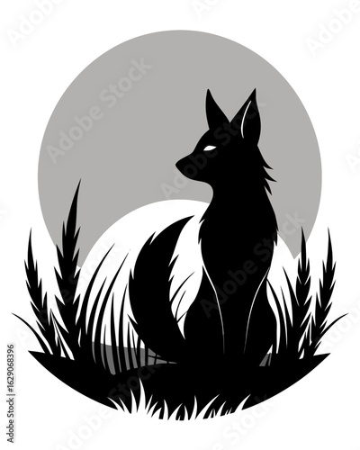 Mysterious black fox silhouette sits calmly amidst tall grass under a full moon.