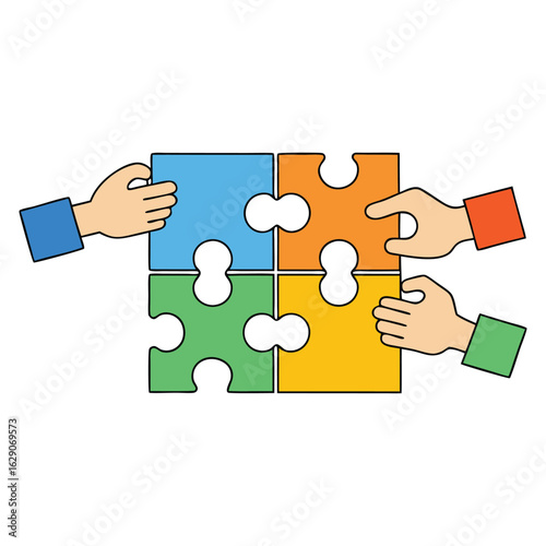 People stand confidently on colorful jigsaw puzzle pieces, symbolizing unity, teamwork, and how every individual’s unique role fits perfectly into the bigger picture.
