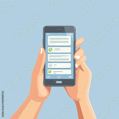 Hand holding smartphone with text messages. Chatting, online conversation concept. Mobile phone screen with messenger app interface. Digital communication via text. Flat vector