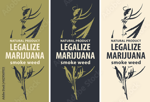 Eco vector set of banner or label for hemp CBD oil, medical marijuana, cannabis with inscription smoke weed. T-shirt design. Fabric, print, store signboard. Not AI