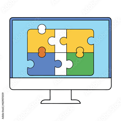 Colorful jigsaw puzzle pieces appear on a computer monitor, symbolizing problem-solving, creativity, and digital collaboration in a vibrant and engaging visual display.
