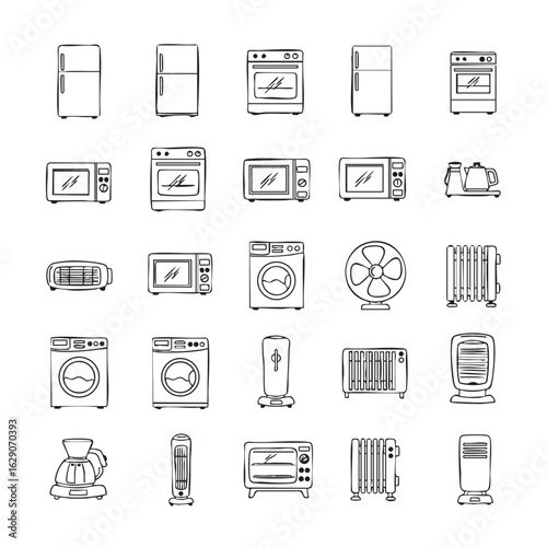 Doodle style household appliances seamless pattern vector illustration featuring refrigerators ovens microwaves washing machines fans heaters and more kitchen appliances and home equipment