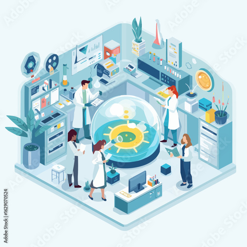 Lab Scene with Diverse Scientists Discovering Glowing Microbe, Isometric Vector