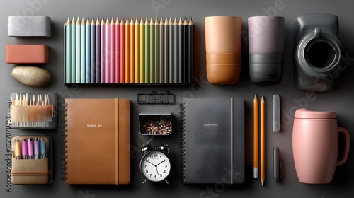A well organized desk featuring a variety of colorful office supplies stationery and decorative elements arranged in a minimalist symmetrical composition