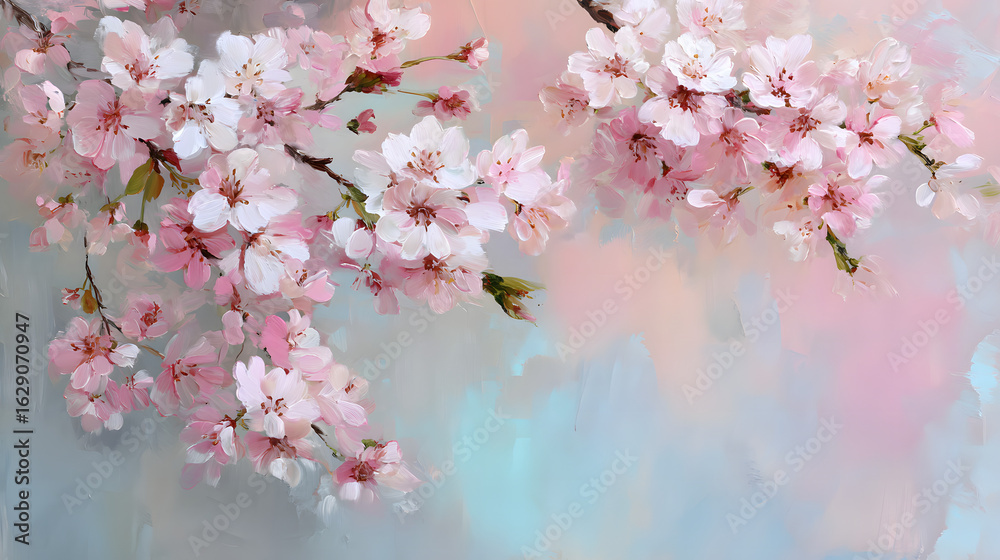 Fototapeta premium Delicate Pink Cherry Blossom Branches with Soft Pastel Background in an Impressionistic Style