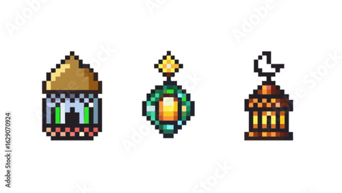 Pixel art islamic mosque ramadan kareem eid mubarak decoration pixelated middle east celebration design
