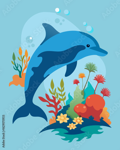 Playful dolphin leaps gracefully through vibrant coral reef, surrounded by colorful aquatic plants and bubbles.