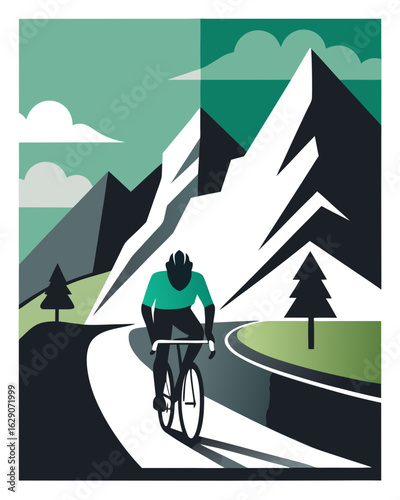 Dynamic cyclist conquers winding mountain road amidst majestic peaks, embracing adventure and freedom.
