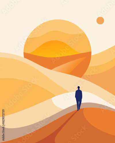 Lone traveler journeys through vast desert dunes towards a setting sun in warm, stylized landscape