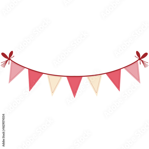 2D festive bunting flags in red, cream, and pink, tied with ribbons. Ideal for event decor, greeting cards, or celebration designs.
