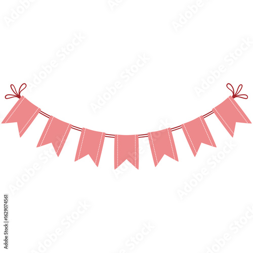 2D illustration of pink bunting flags hanging on a string with bows, perfect for party invitations, baby showers, or festive decorations.