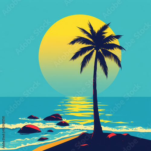 Vector of a Silhouette of a  Palm Tree at Sunset on the Seashore