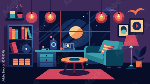 A dimmable soft ambient lighting creating the perfect atmosphere for a cozy intimate vinyl listening session with no distractions. Vector illustration
