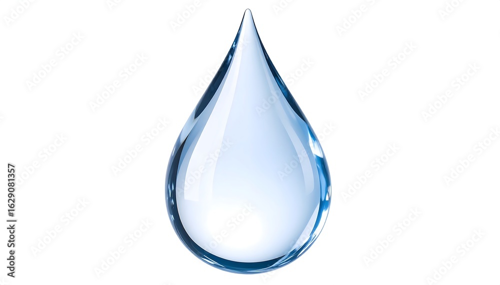 A single, teardrop-shaped water droplet against a white background, showcasing its translucency and light refraction A single, teardrop-shaped water droplet against a white background, showcasing its translucency and light refraction