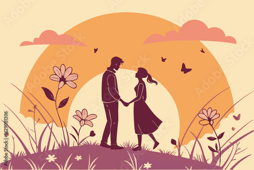 Couple Holding Hands in Love at Sunset with Flowers