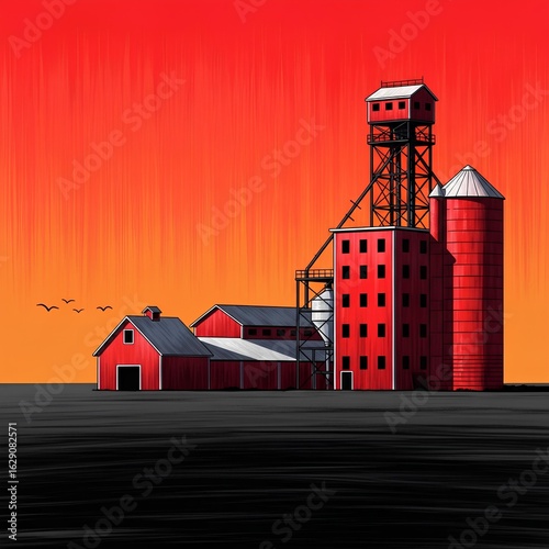 Red barns and silos against a bright orange and red gradient sky with birds flying in the distance