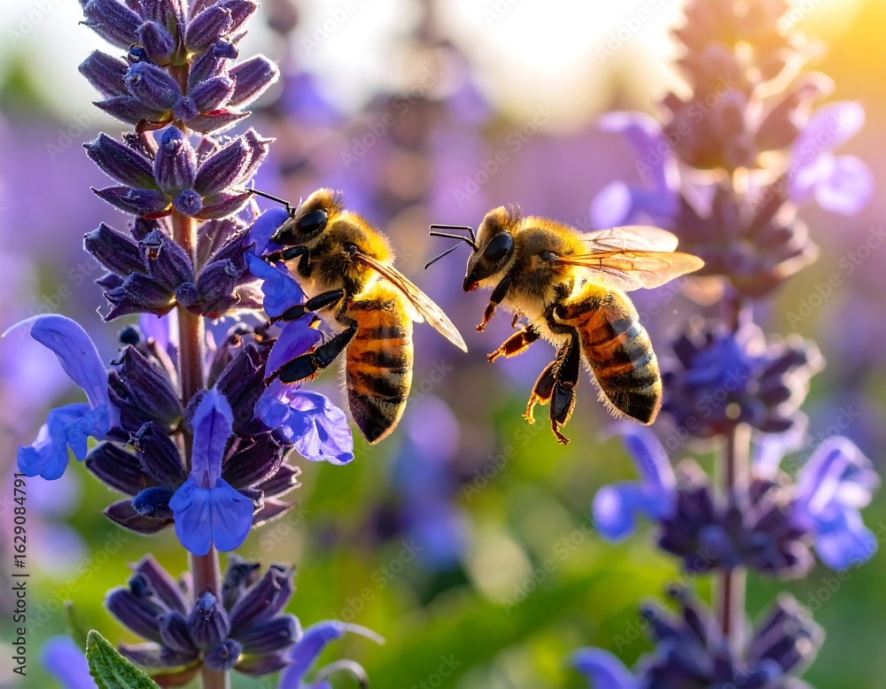 Fototapeta premium Two bees on a lavender flower (1)