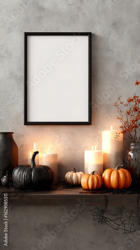 Wall art mockup, black rectangular frame, halloween setting with glowing candles and pumpkins, eerie cozy vibe