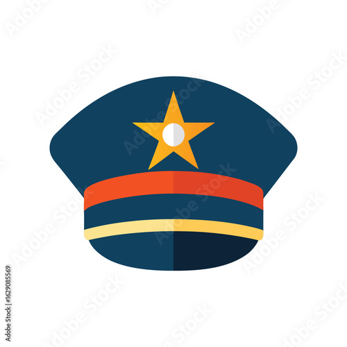 A stylized, flat design illustration of a dark blue peaked cap featuring a prominent yellow star emblem with a white center.