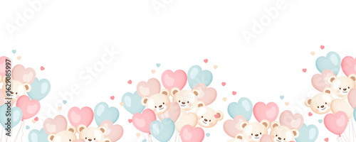 Vector seamless border with pastel heart shaped balloons and cute teddy bears. Perfect for Valentines Day, kids designs, greeting cards, packaging and nursery decor