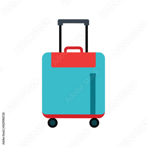 A flat design illustration of a turquoise rolling suitcase with red accents and a black telescopic handle on a white background.