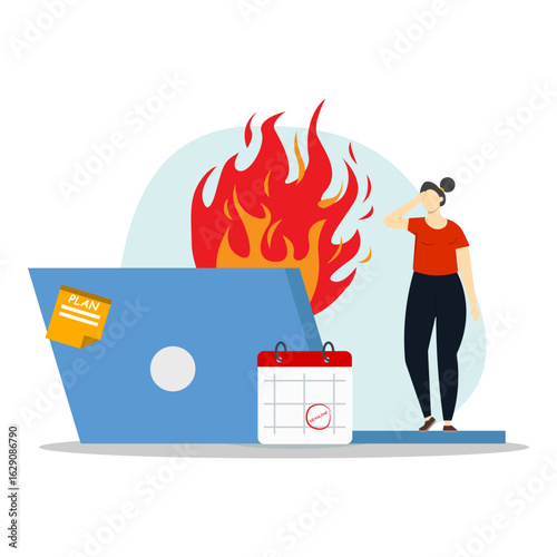Stressed woman standing next to a burning laptop, symbolizing deadline pressure, work stress, and technical problems. Includes a calendar and sticky note for planning.