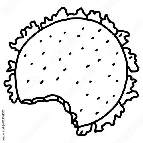 top view of burger with bite mark hand drawn outline illustration