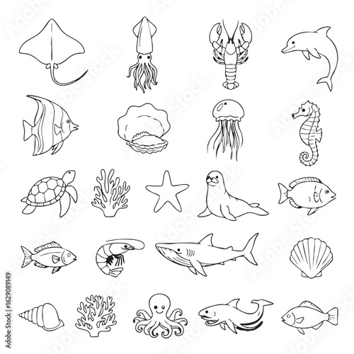 Collection of Sea Creatures Vector Line Art Illustration of Ocean Wildlife Marine Life Sea Animals Doodle Style Black and White Drawing