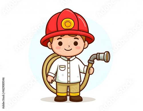 A cute cartoon boy in a firefighter uniform holding a fire hose. Cheerful young fireman character mascot for kids, vector illustration.