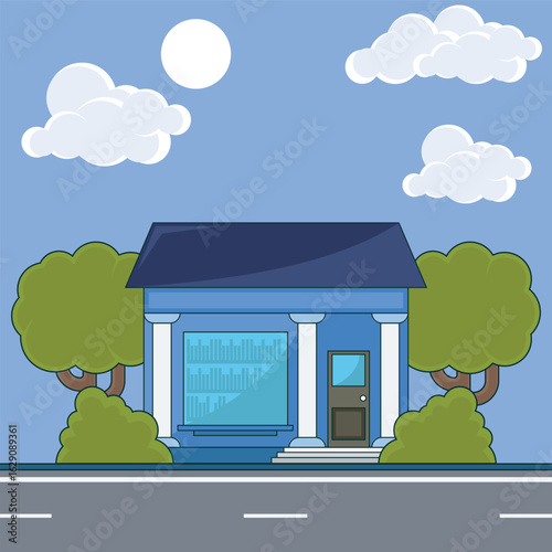 library building landscaped vector illustration graphic design . Blue architecture with Columns and Books in Window for Educational Resource Place for Reading with Beautiful cartoon style