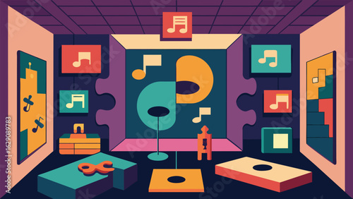 A glimpse into a musicthemed room where every inch of the walls is covered with framed vinyl puzzles of different shapes and sizes. Vector illustration