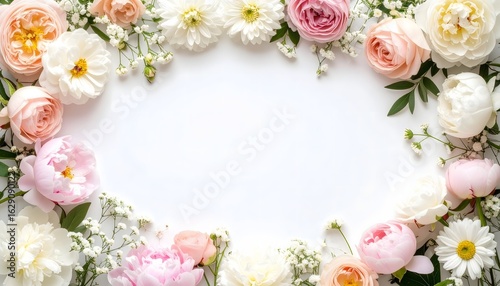 Fototapeta Naklejka Na Ścianę i Meble -  Feminine floral background with fresh spring blossoms like roses and peonies forming a decorative frame for celebrations.