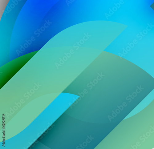 Abstract gradients blend blues, greens. Overlapping shapes create dynamic visual effect. Smooth transitions suggest fluidity, depth.